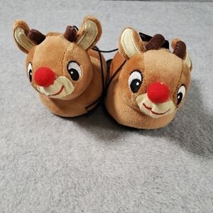 Rudolph red nose reindeer 3D toddler slippers sz 2 plush bioworld NWT.